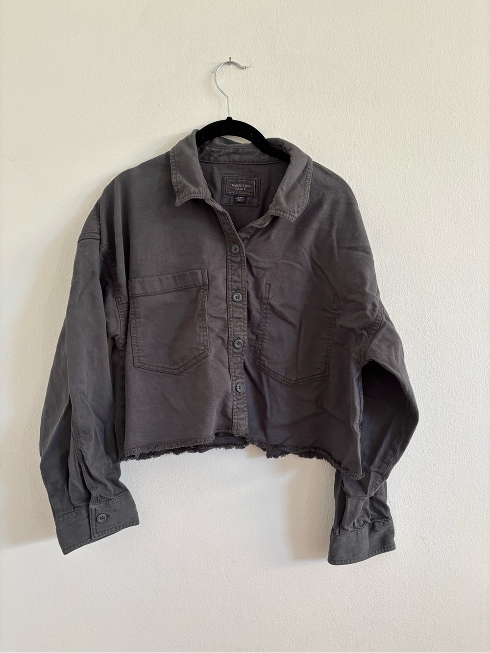 American Eagle Outfitters Cropped Button-Up Jacket - Charcoal Gray
